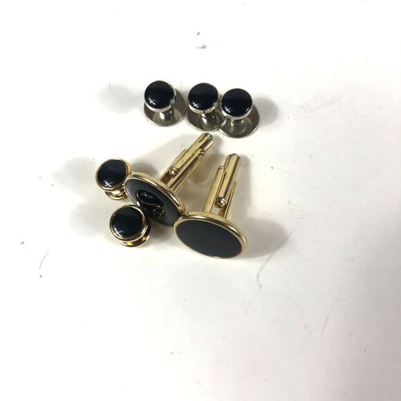 Vintage Black Onyx Gold Tone Cufflinks & 5 Tuxedo Shirt Studs - Picture 3 of 8